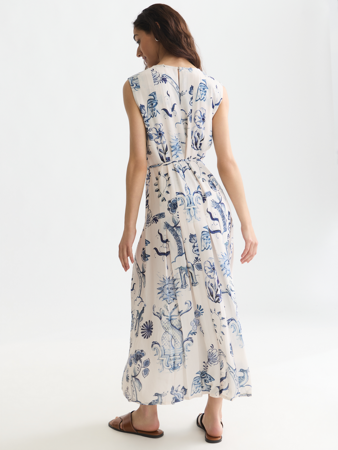 Printed pleated ankle length dress