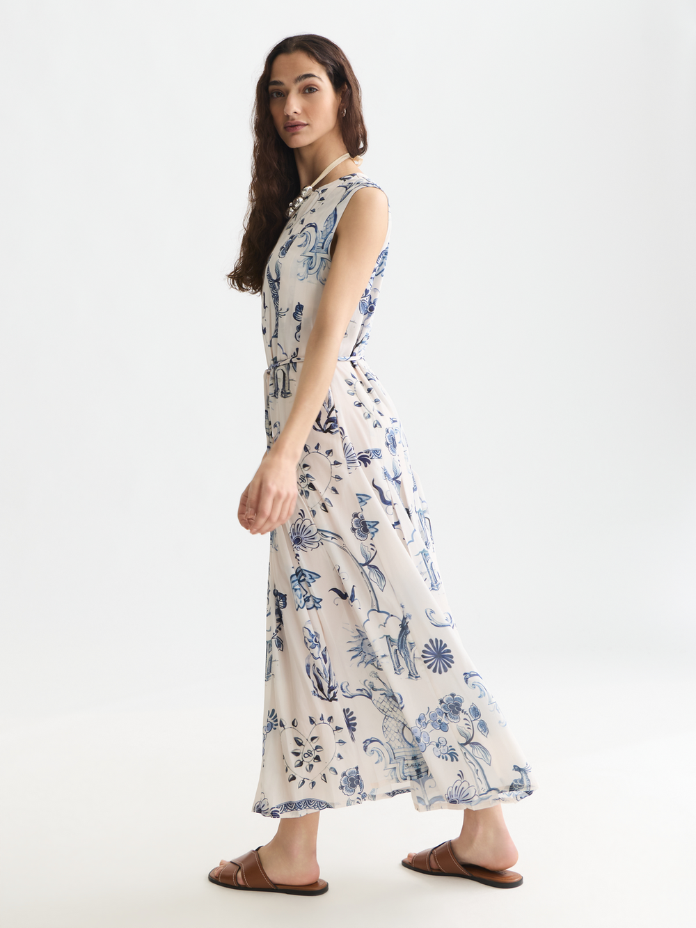 Printed pleated ankle length dress