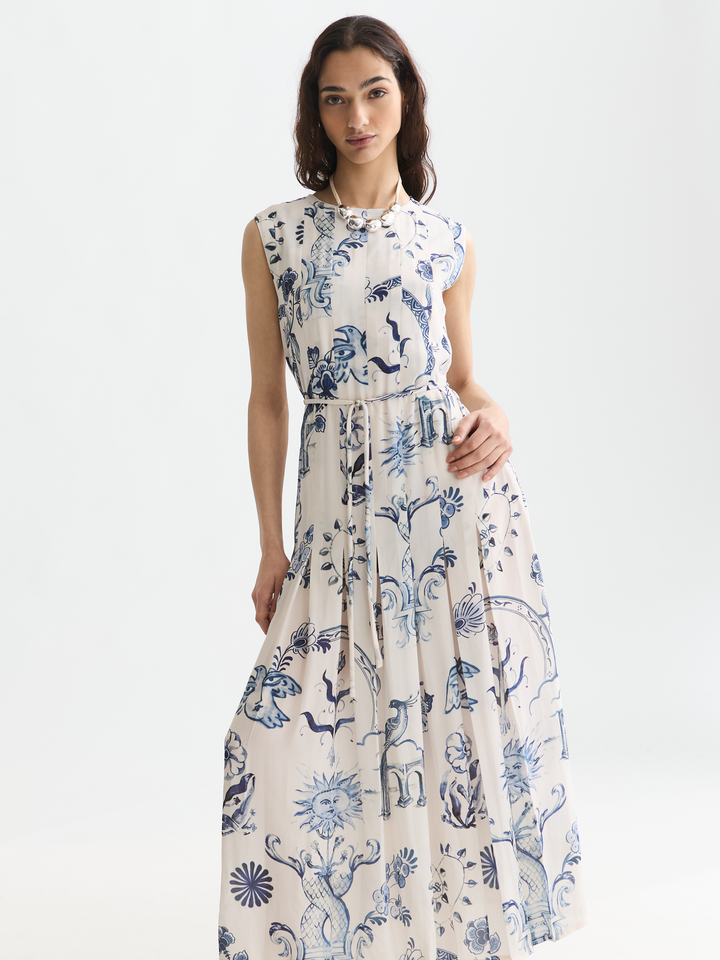 Printed pleated ankle length dress