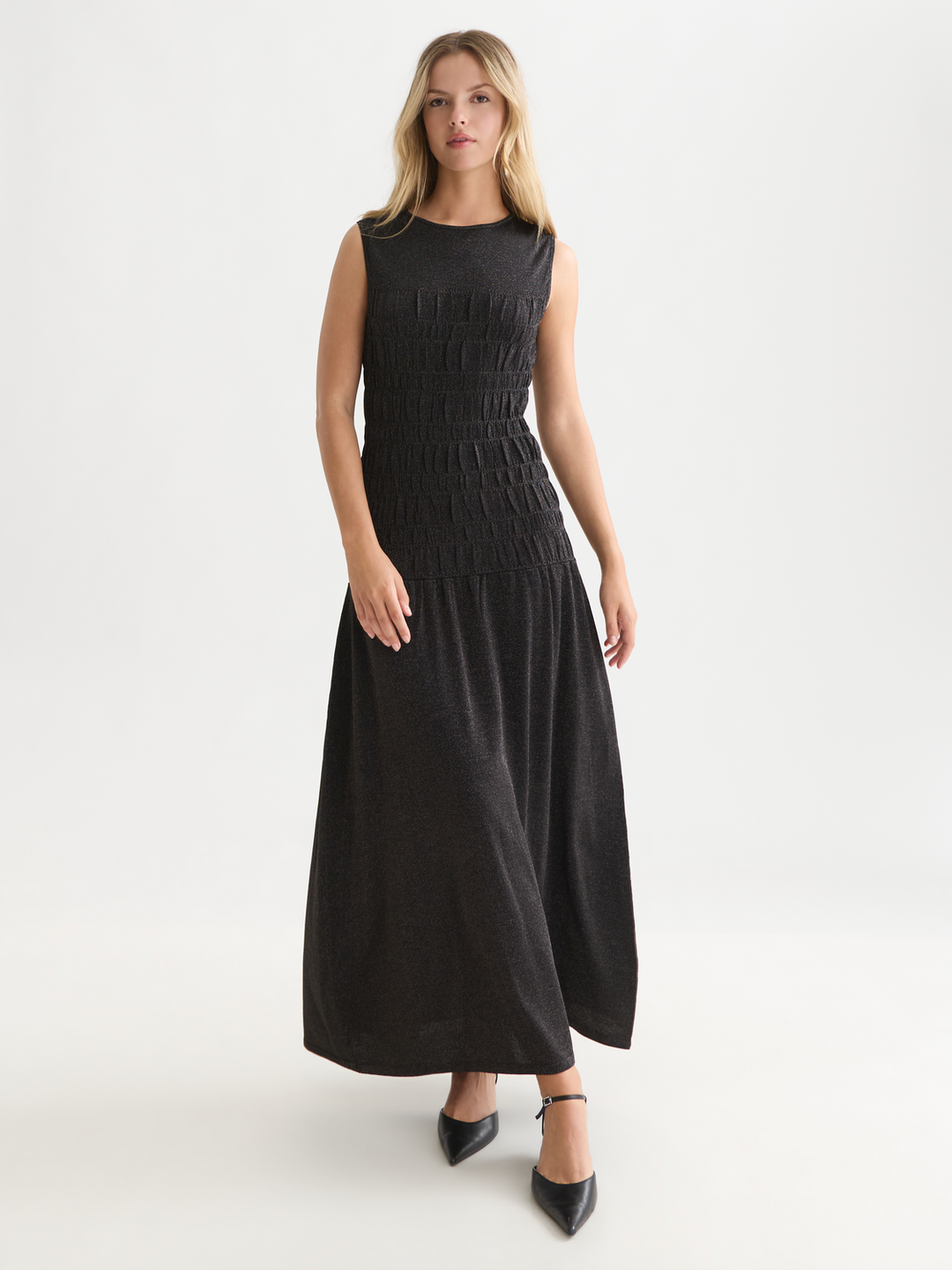 Smock stitch metallic knitted dress