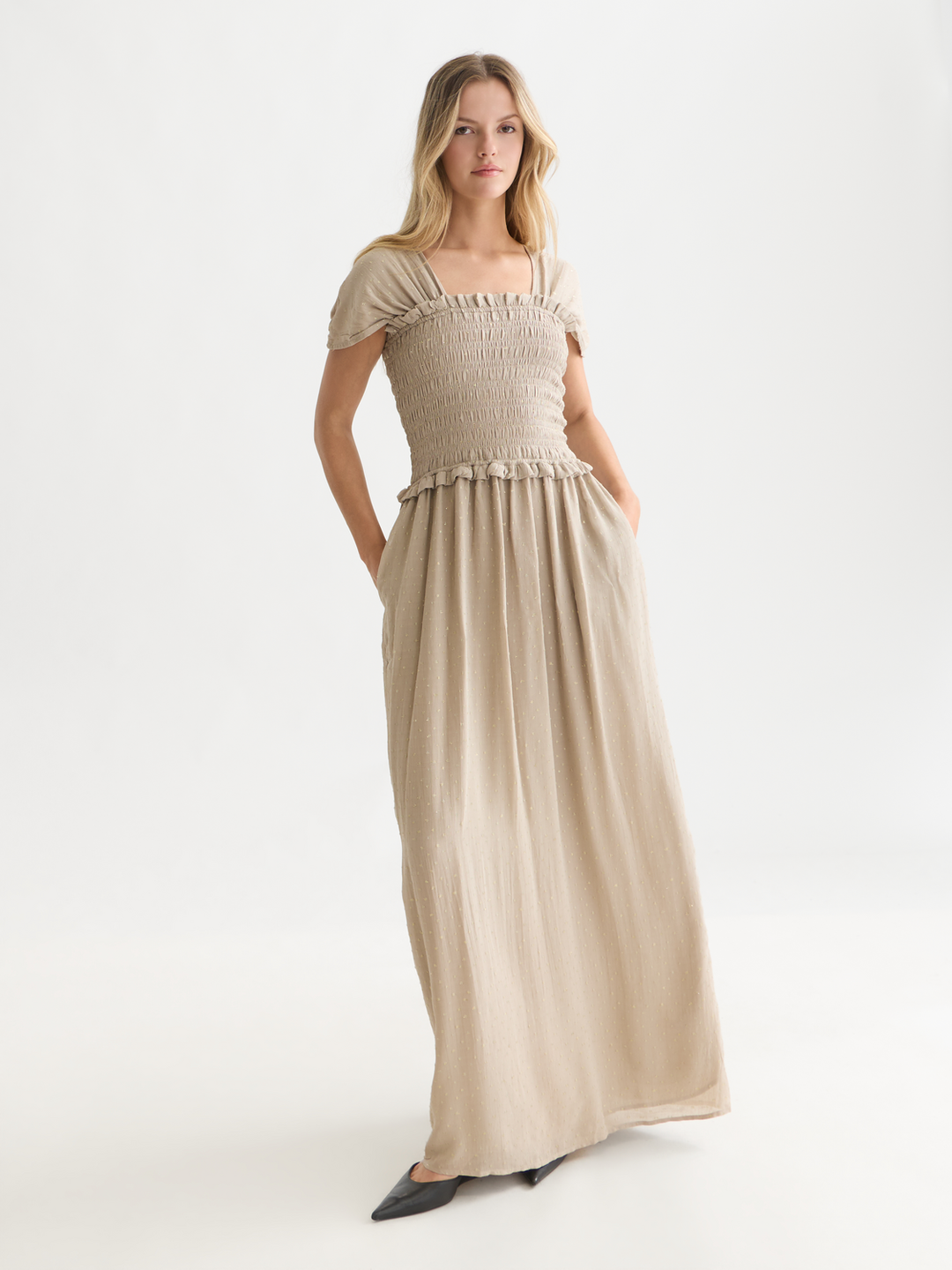 Fil coupe smocked ankle length dress