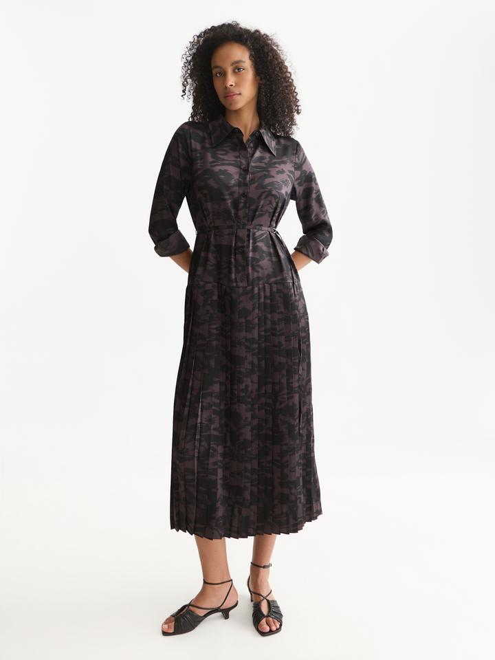 Belted shirt midi dress with pleated hem