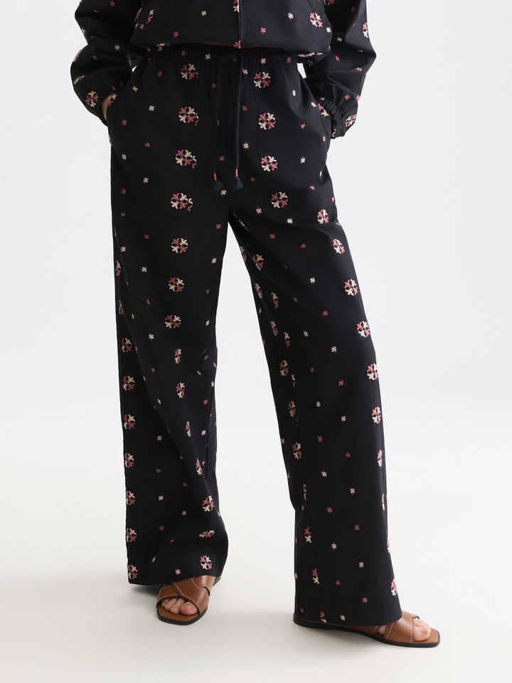 Noa - high-rise wide-leg embroidered pull-on pants