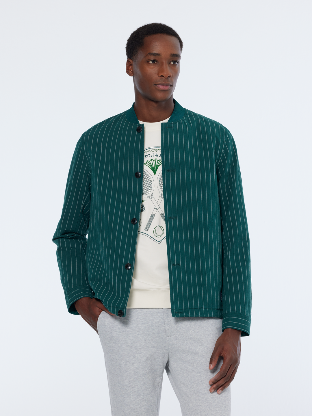 Pinstriped cotton-blend bomber jacket