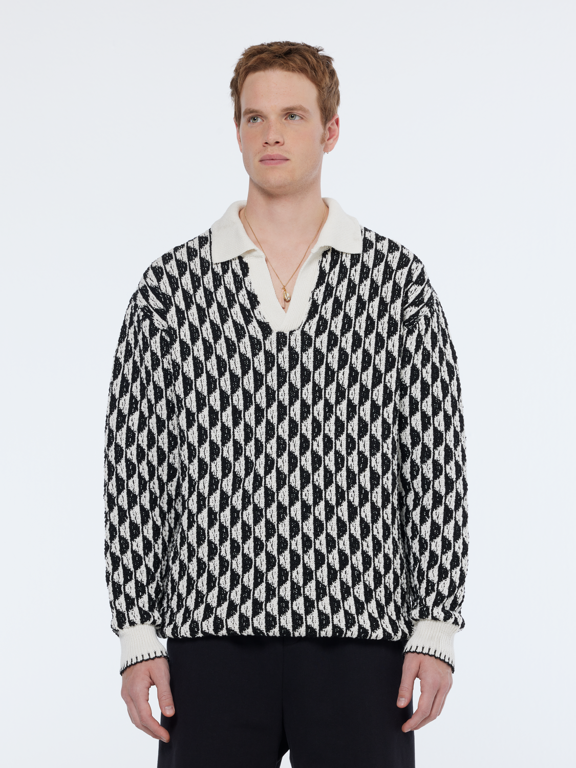 Jacquard dropped shoulder long sleeved polo