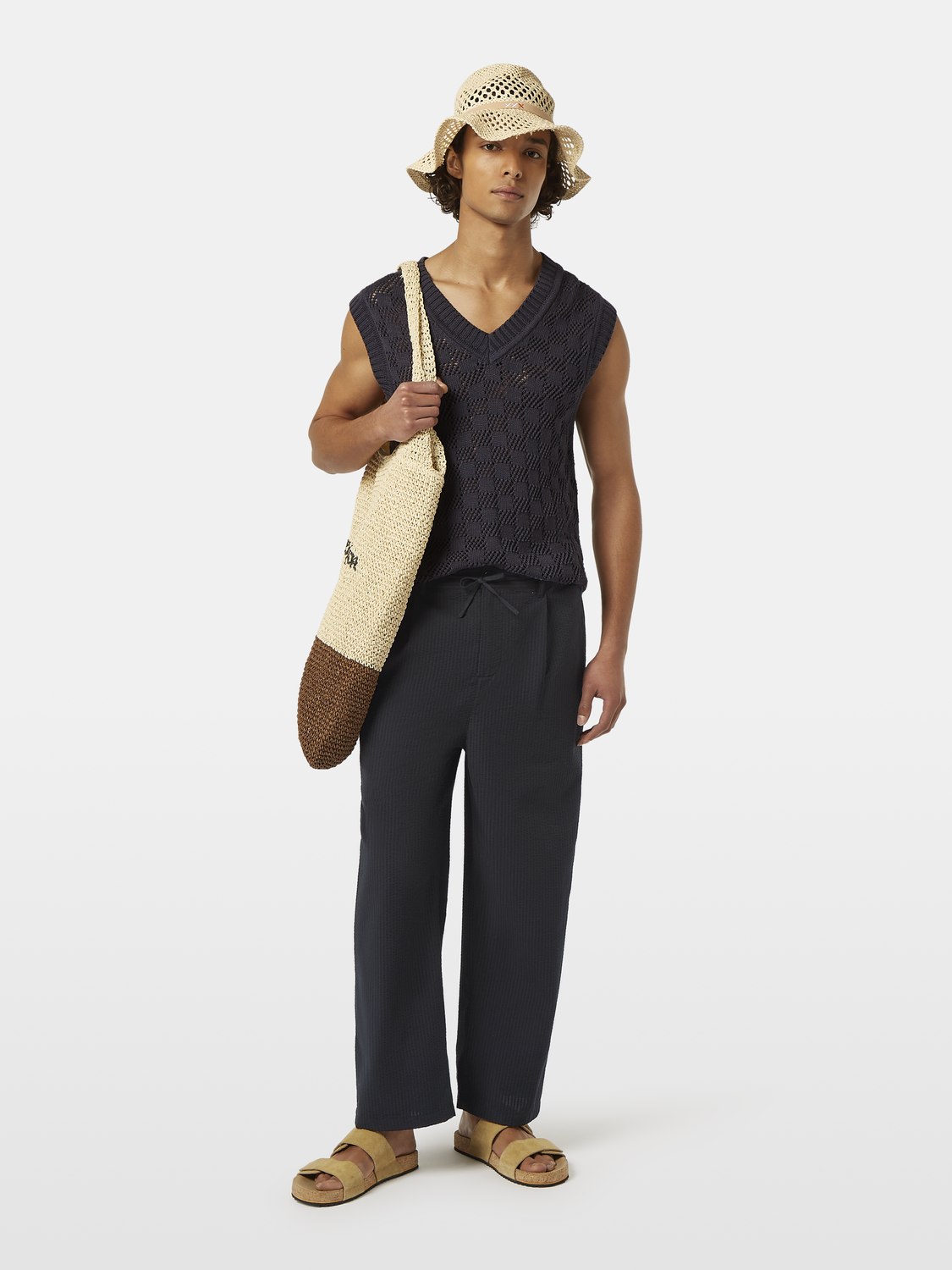 Pleated relaxed straight cotton-blend seersucker jogger