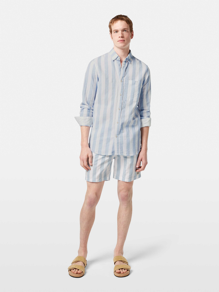 Yarn-dyed linen blend striped regular fit shirt