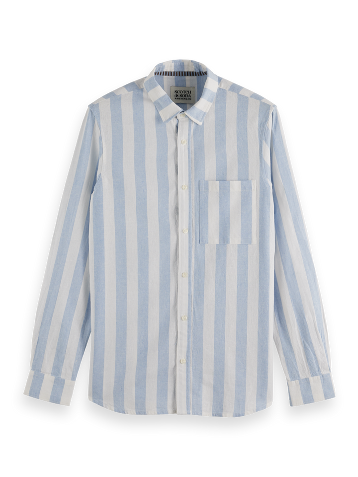 Yarn-dyed linen blend striped regular fit shirt