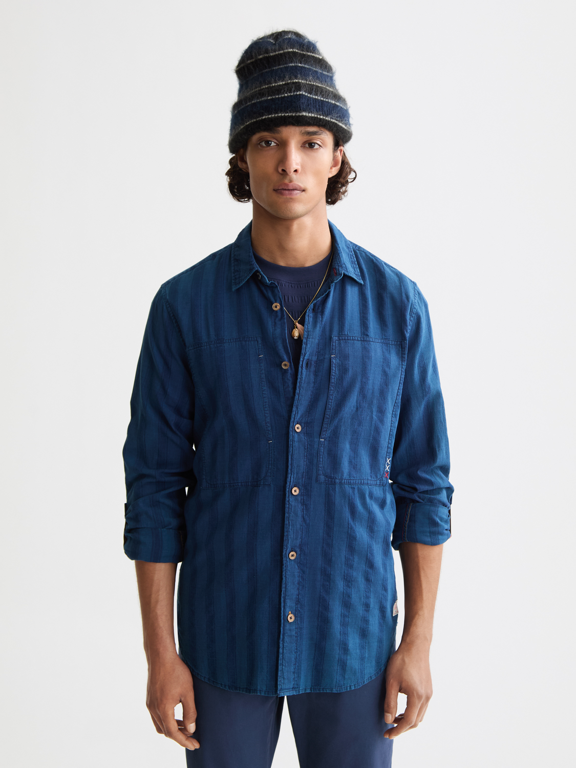 Textured indigo shirt in special striped weave