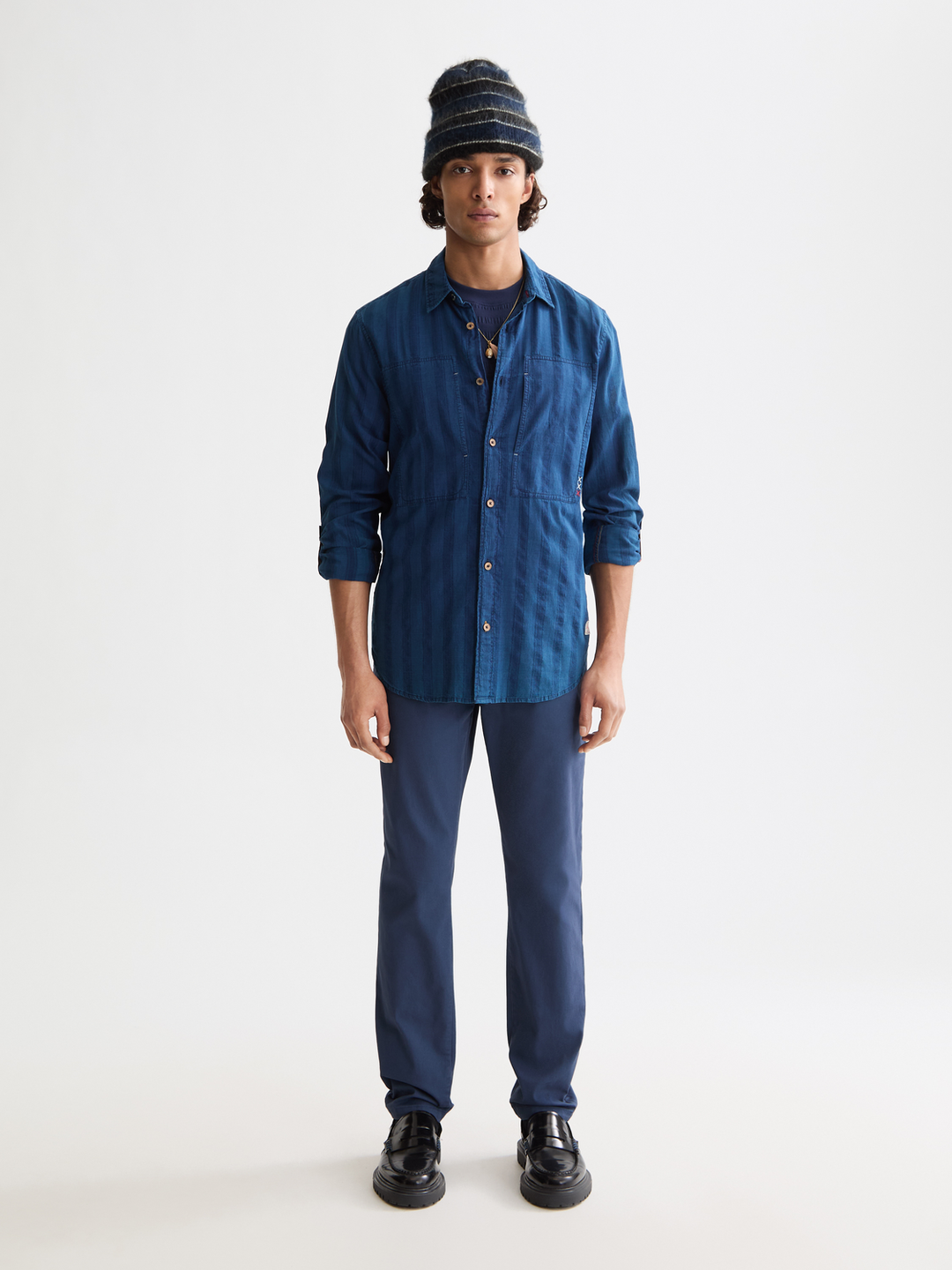 Textured indigo shirt in special striped weave