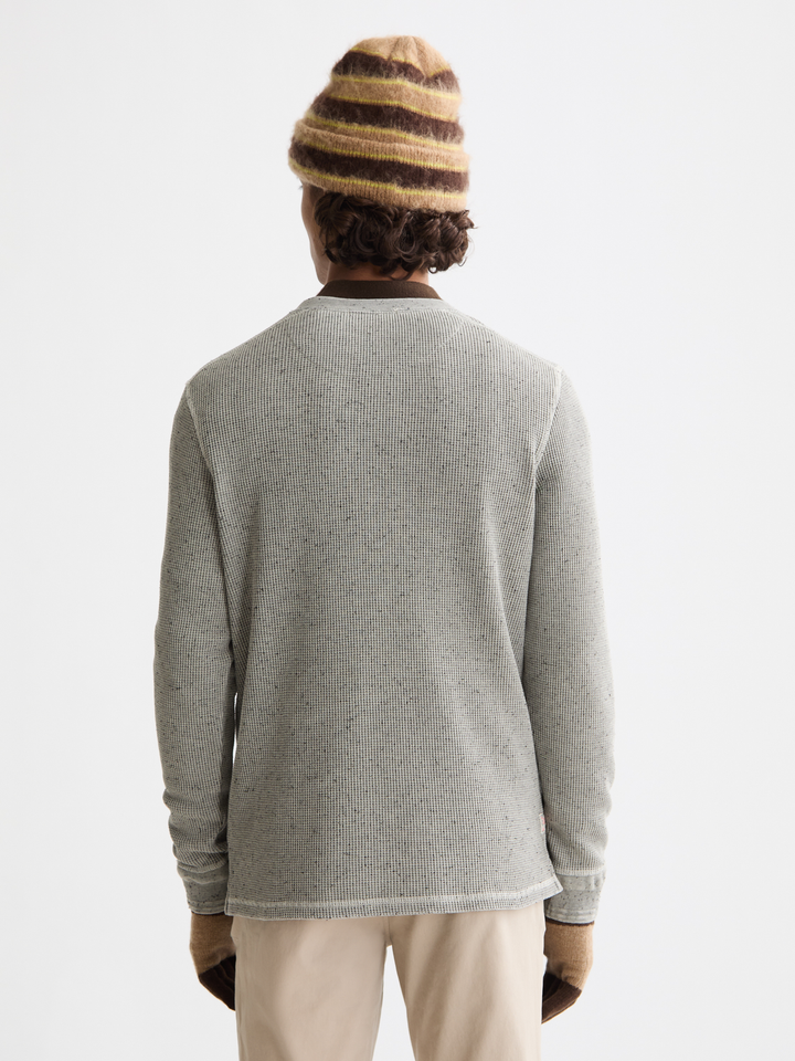 Denim washed long sleeve henley with chambray details