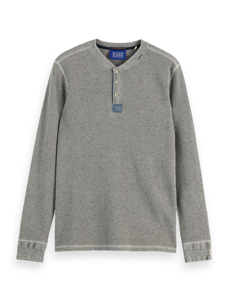 Denim washed long sleeve henley with chambray details