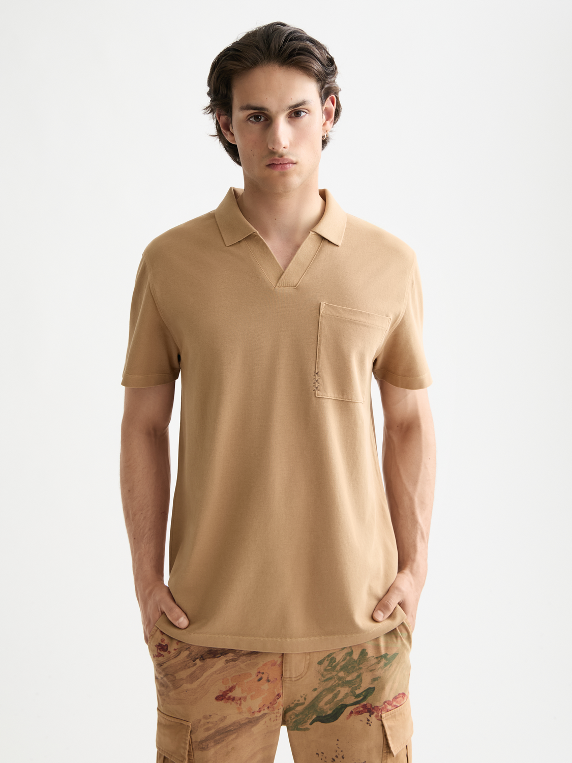 Garment-dyed pique relaxed fit pocket polo