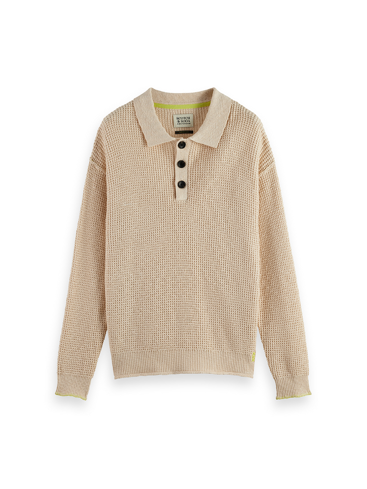 Waffle Dropped Shoulder Long Sleeve Polo