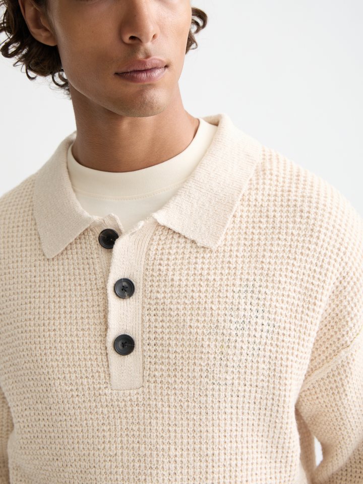 Waffle Dropped Shoulder Long Sleeve Polo