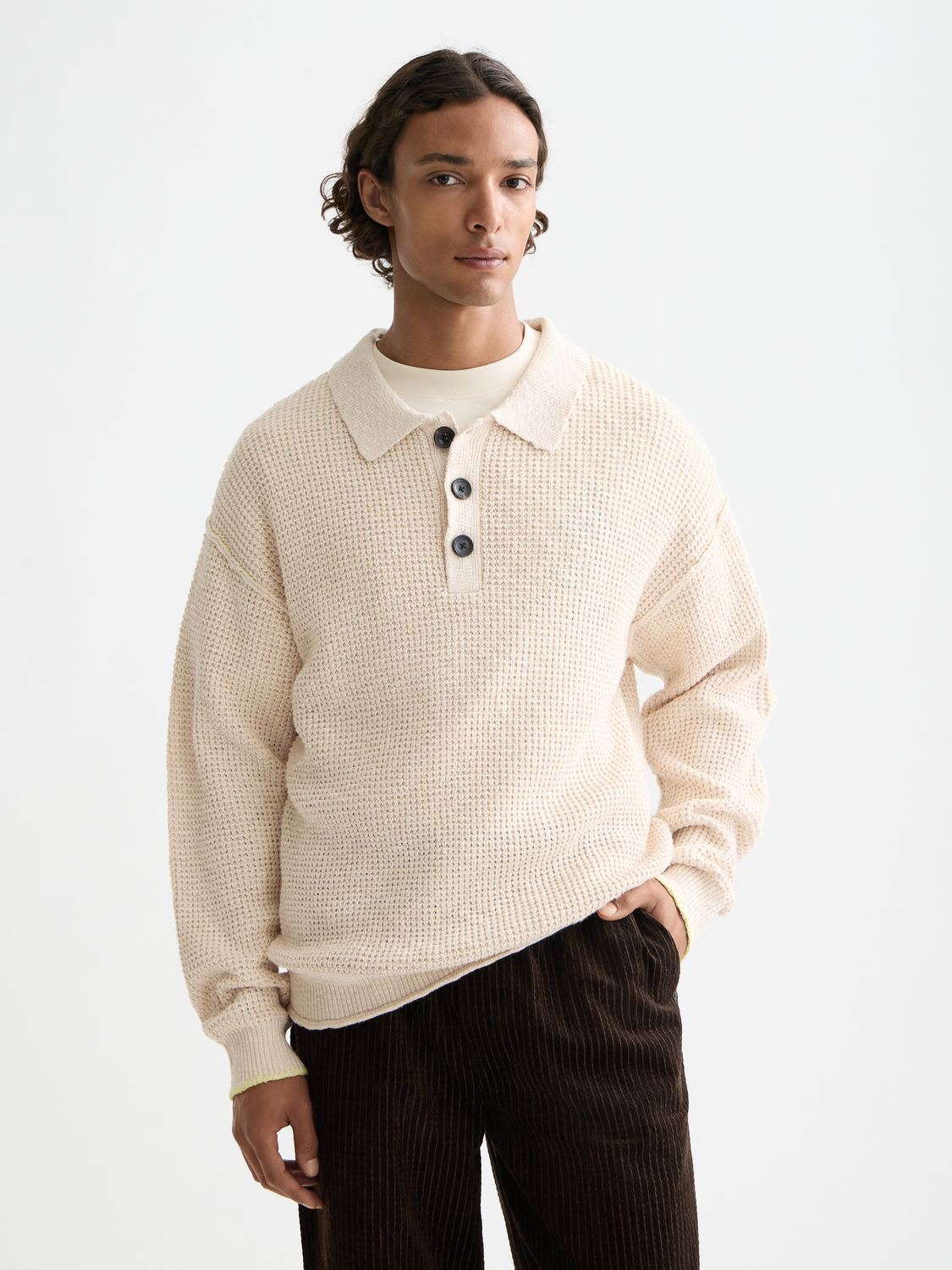 Waffle stitch dropped shoulder longsleeve polo