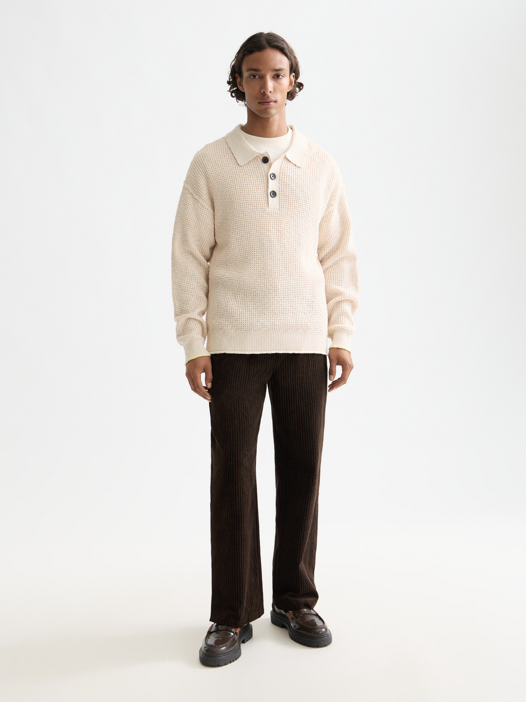 Waffle Dropped Shoulder Long Sleeve Polo
