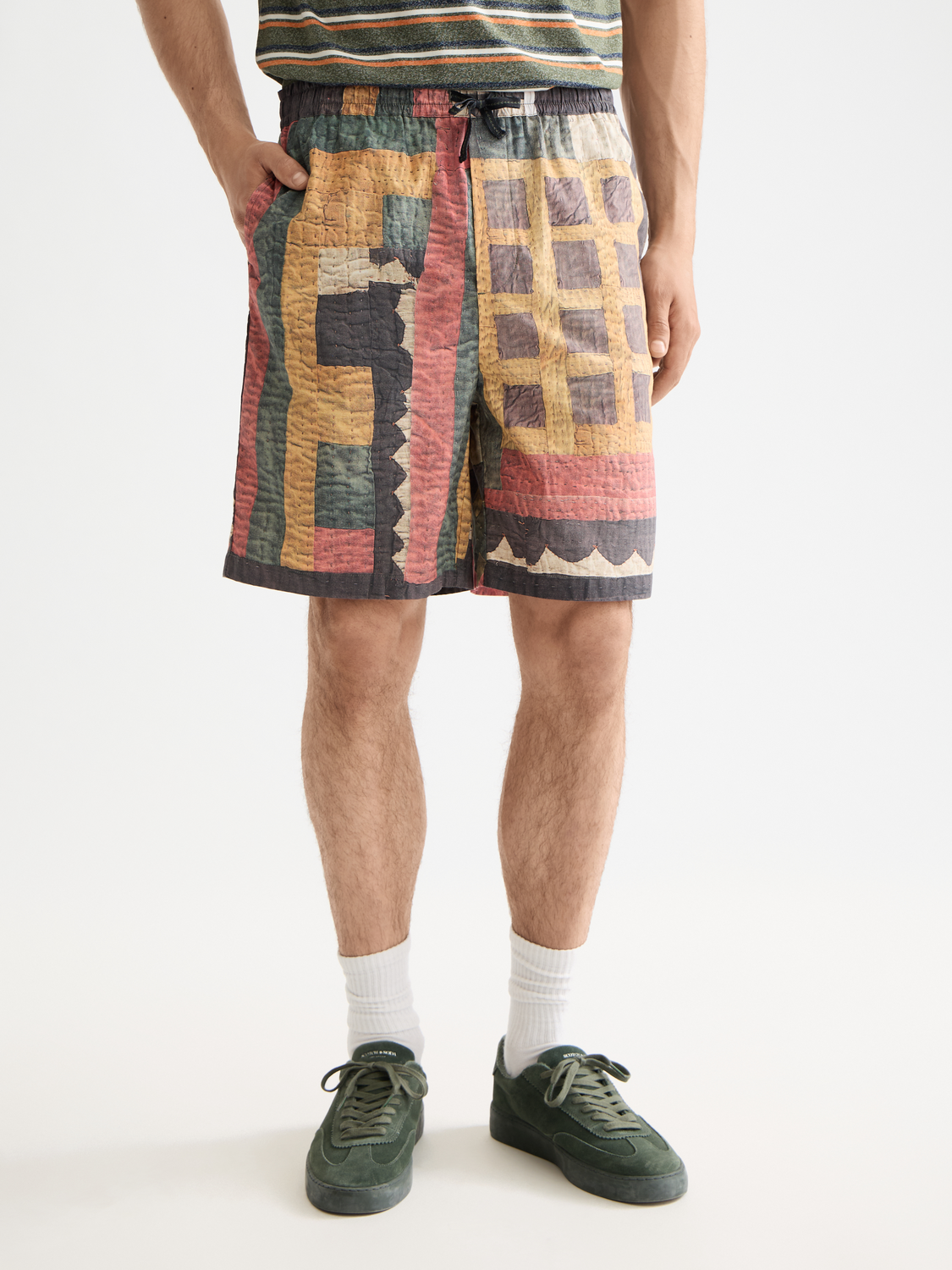 Printed patchwork cotton-poplin loose fit bermuda