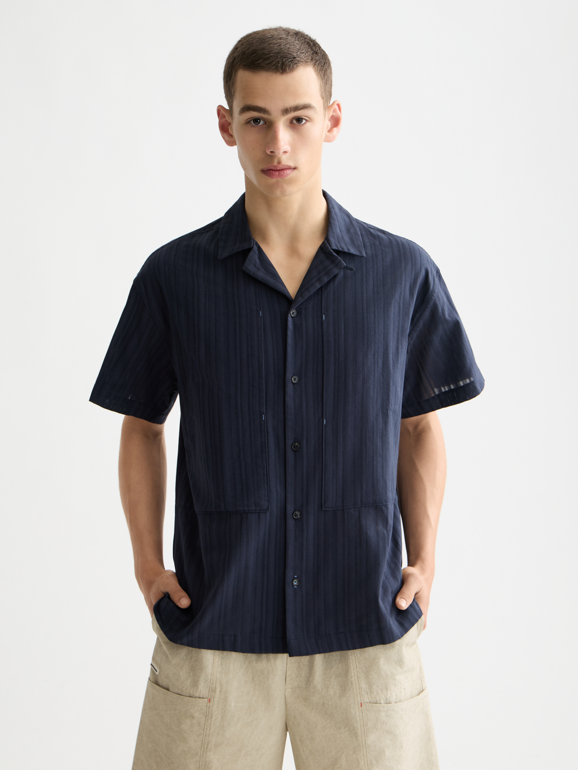 Structured-stripe short-sleeved shirt