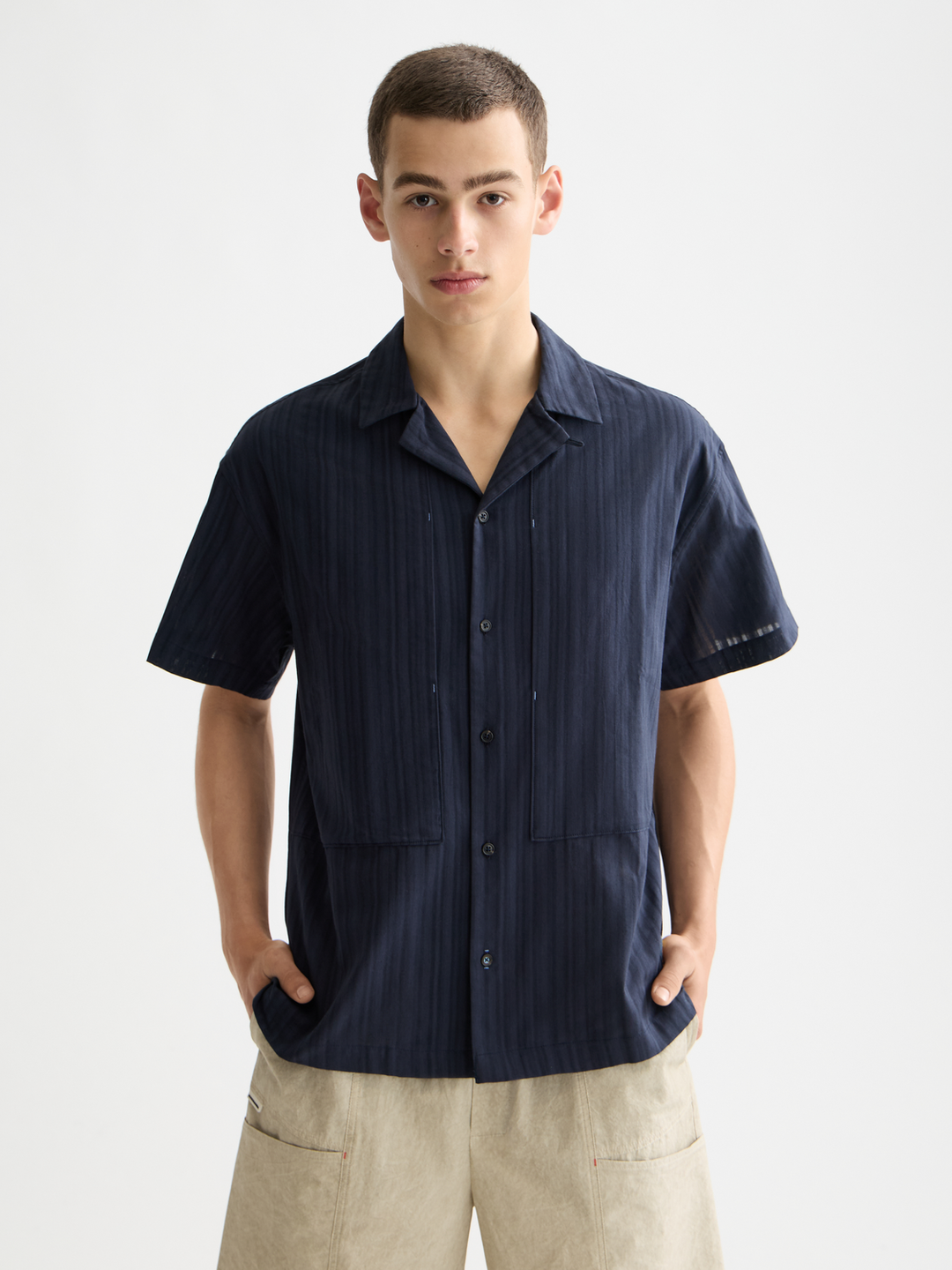 Structured-stripe short-sleeved shirt