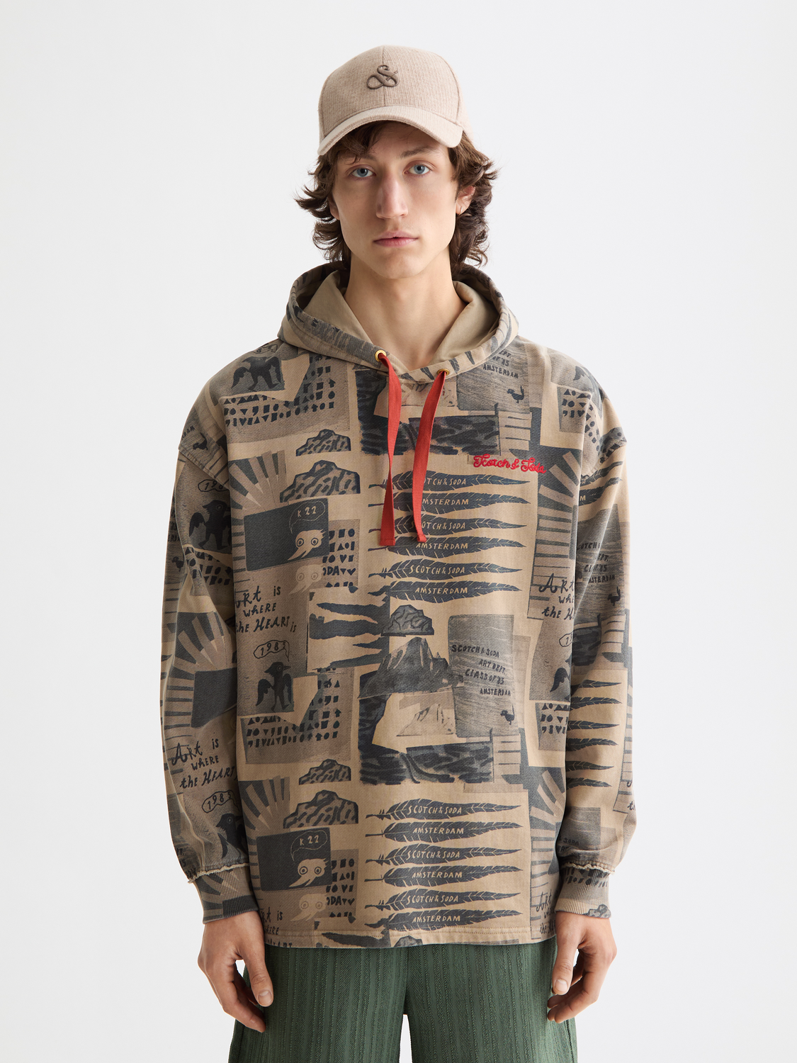 Loose-fit overdyed all-over printed hoodie