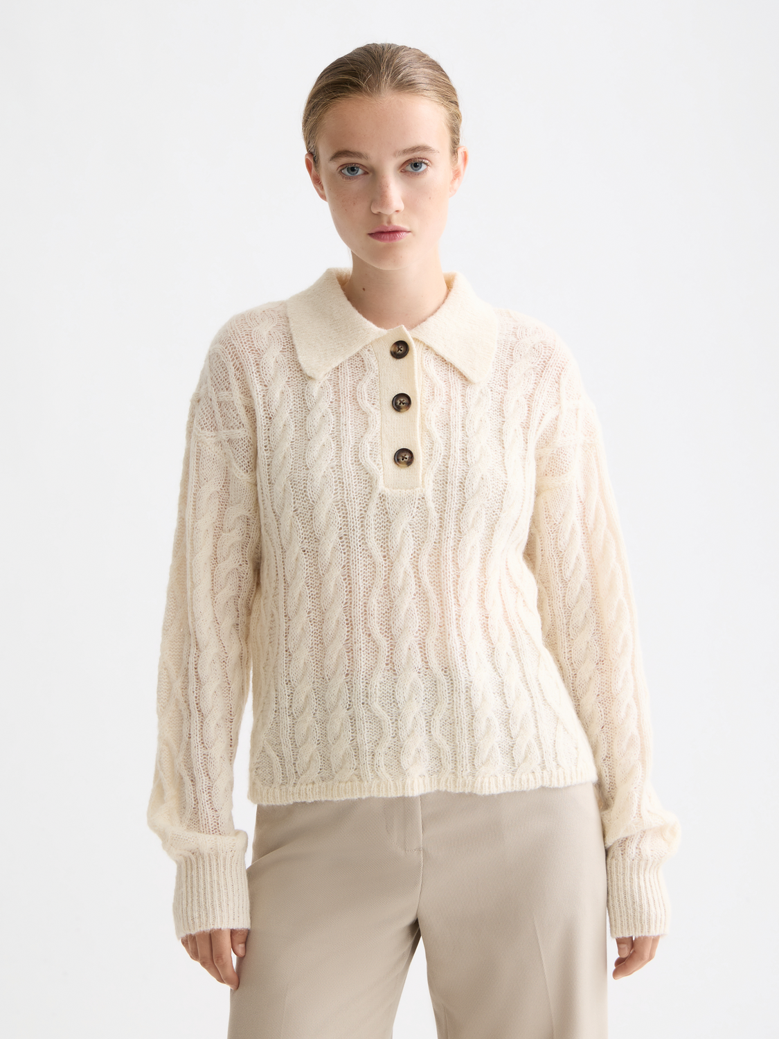 Cable stitch polo neck pullover
