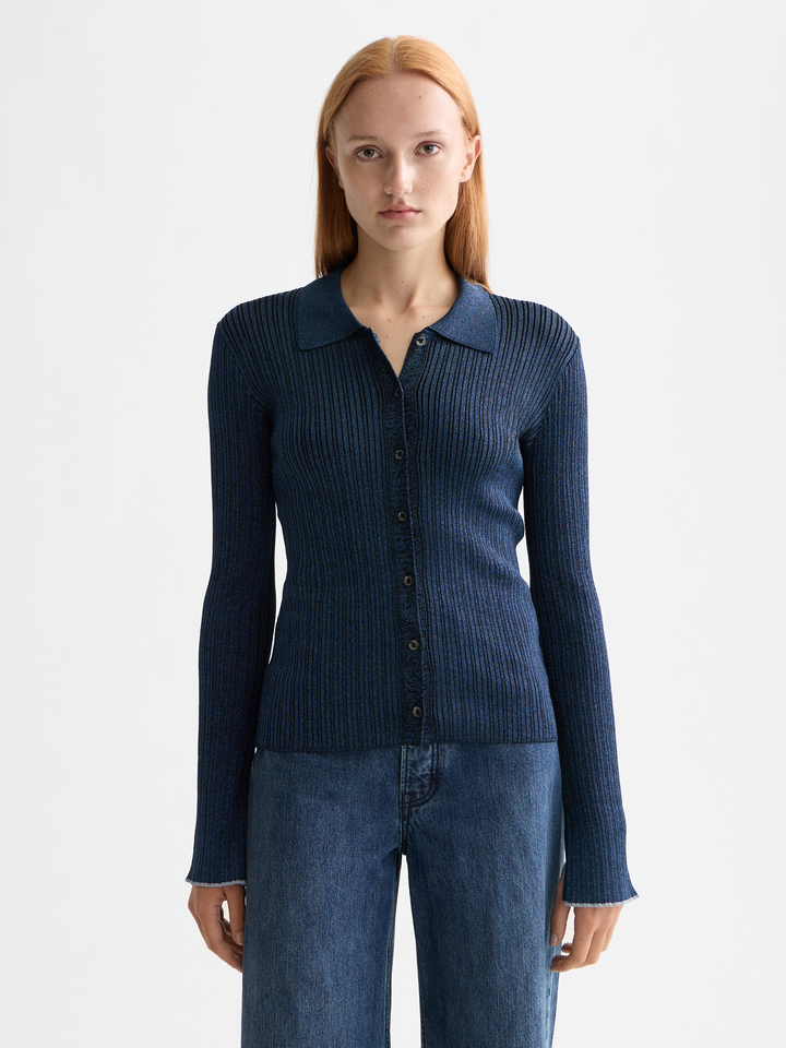 Metallic skinny rib fitted cardigan