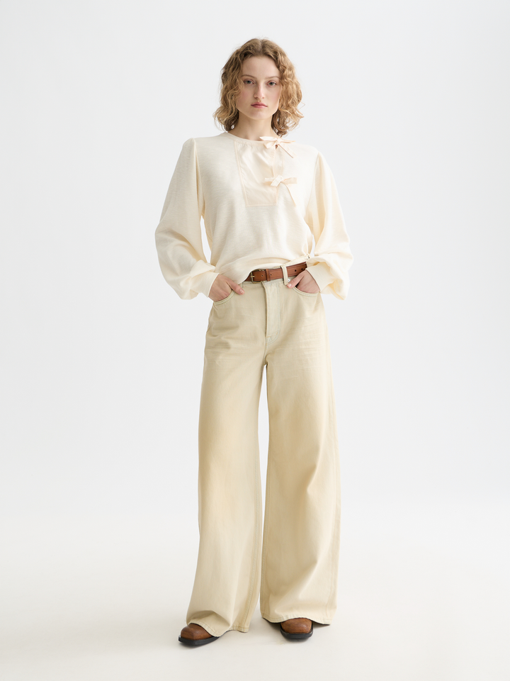 Open Neck Sweatshirt With Woven Front Placket