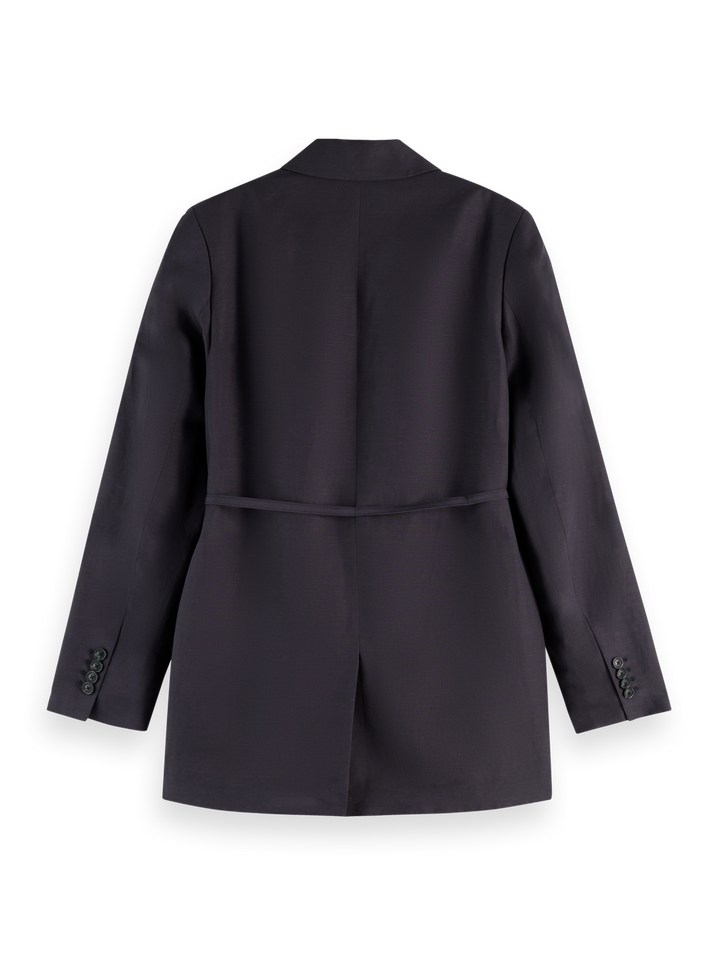 Double breasted belted drapey blazer