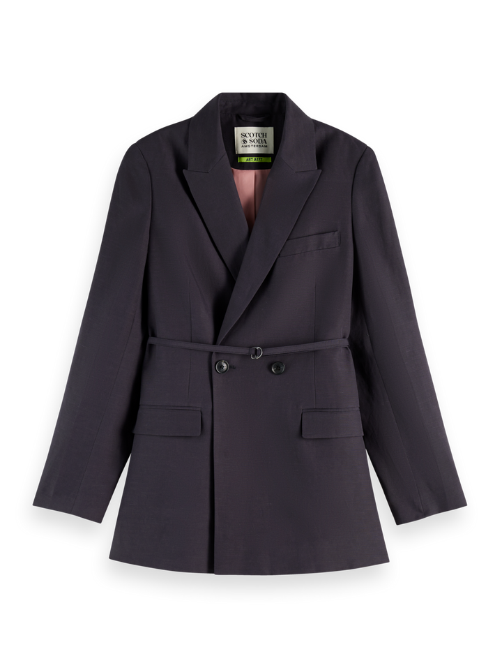 Double breasted belted drapey blazer