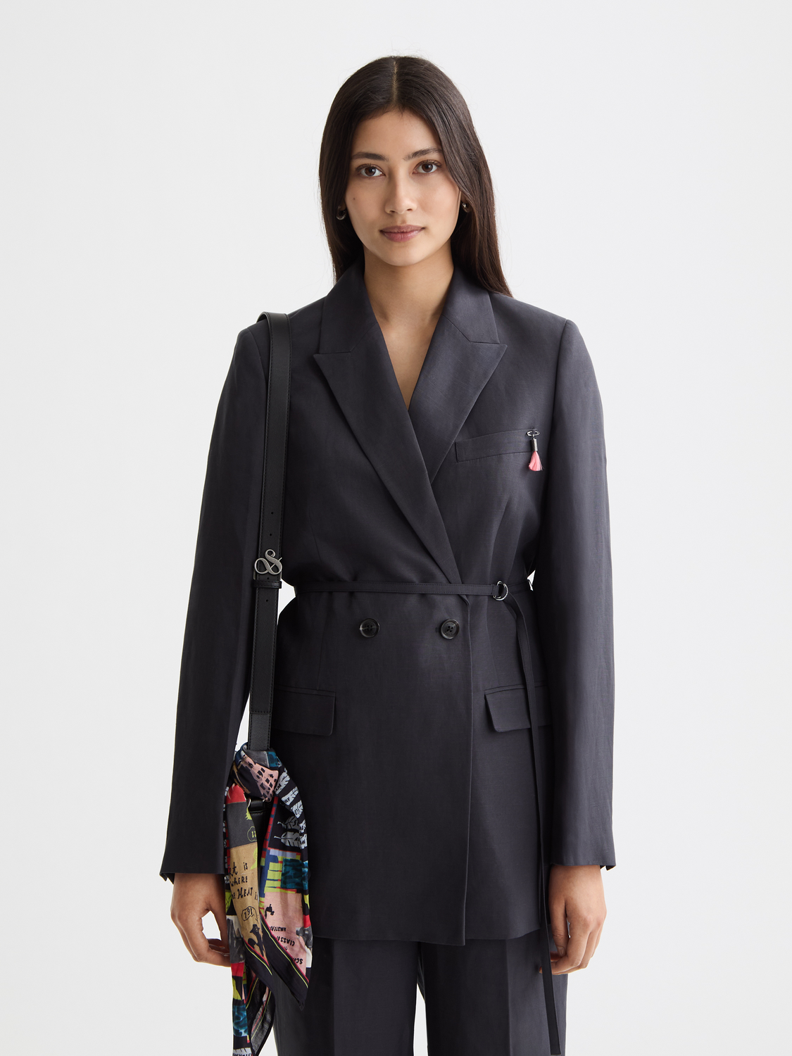 Double breasted belted drapey blazer