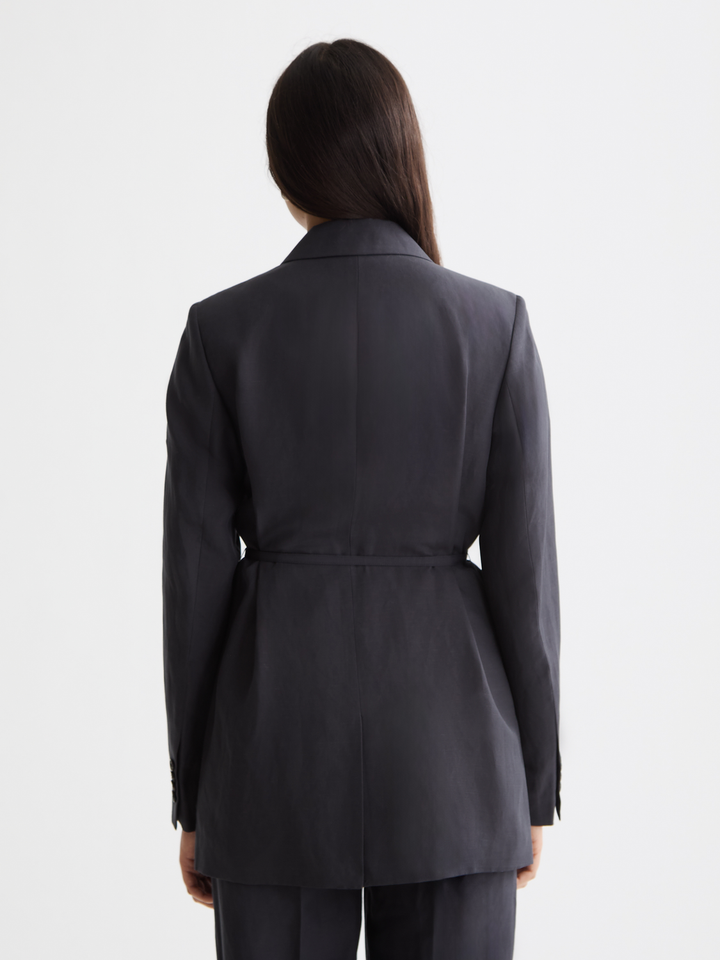 Double breasted belted drapey blazer