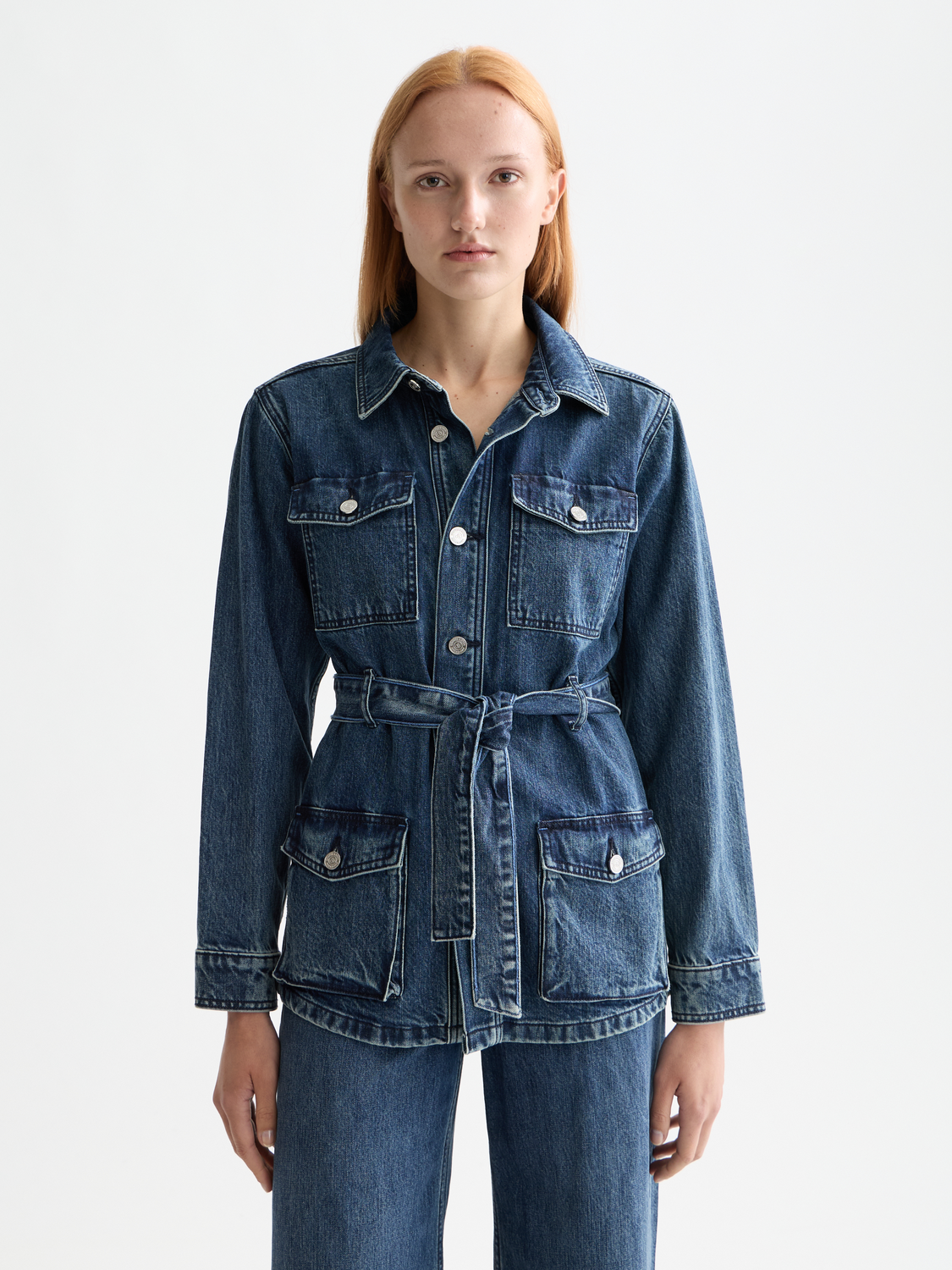Worked out belted denim jacket
