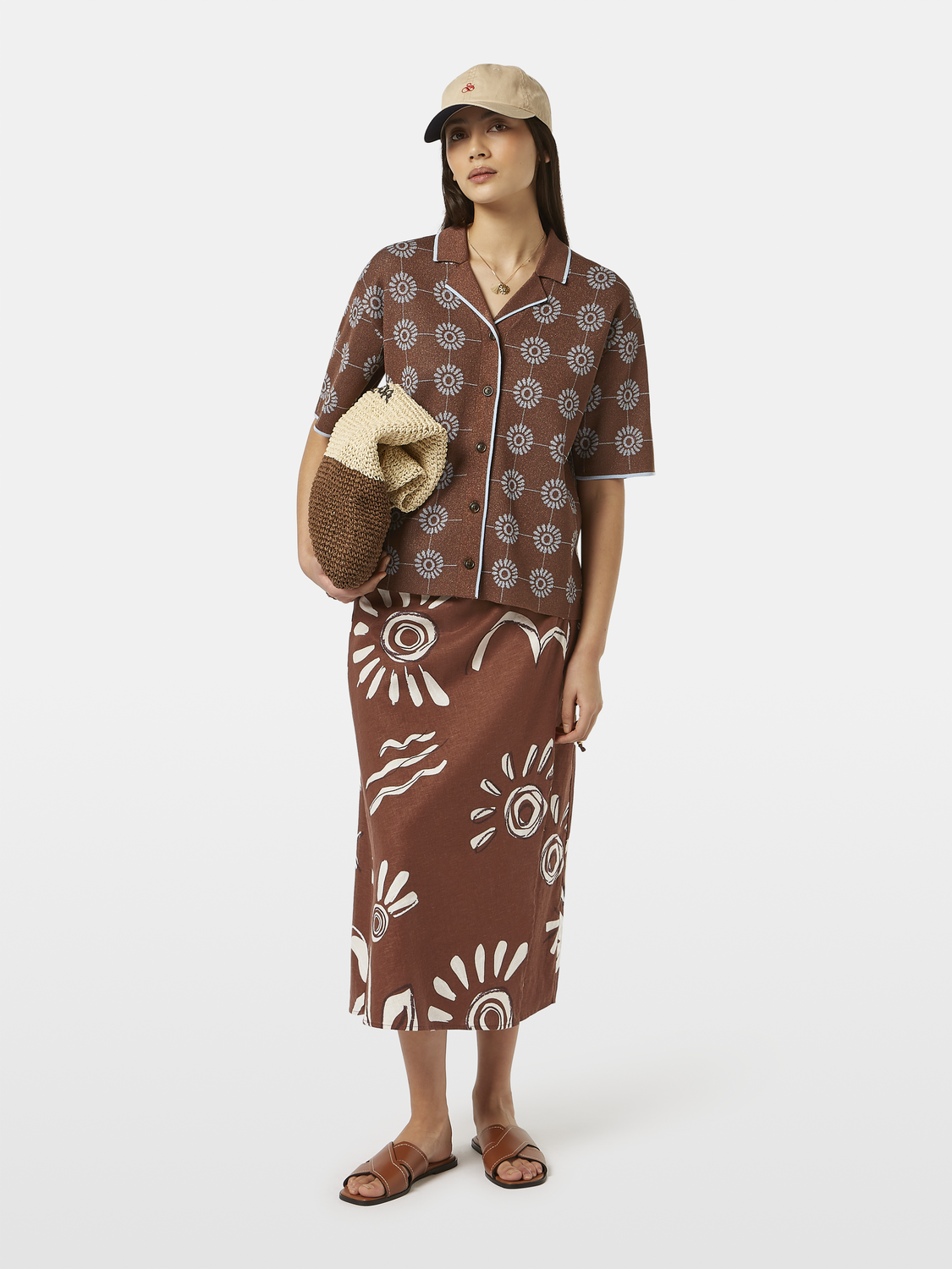 Linen blend printed wrap skirt