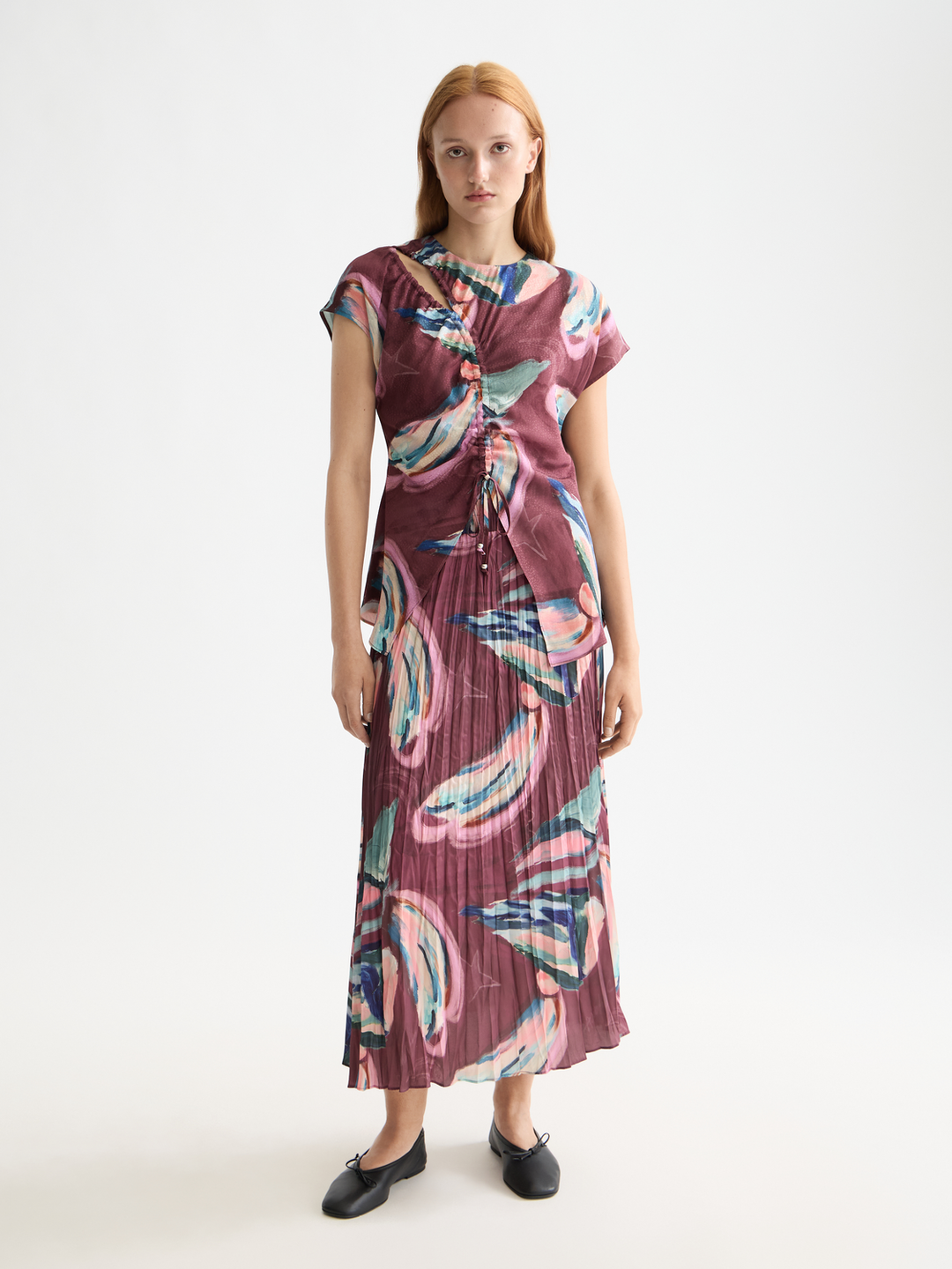 Crinkle pleat midi skirt