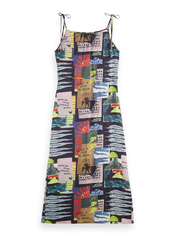 Midi slip dress with tied straps and draped waist