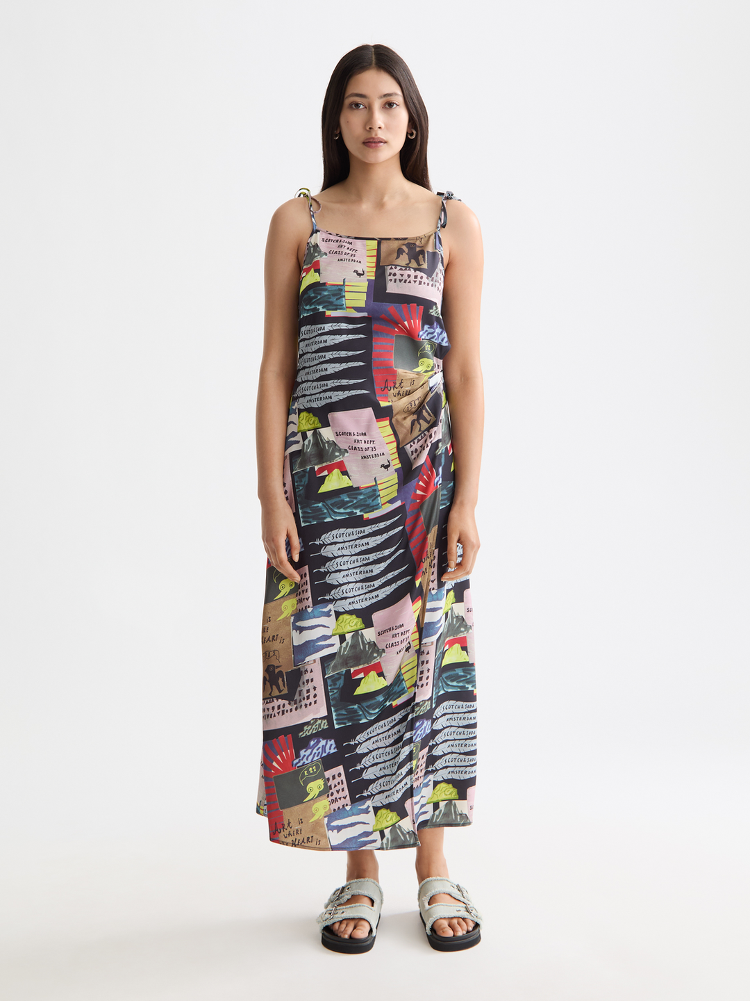 Midi slip dress with tied straps and draped waist