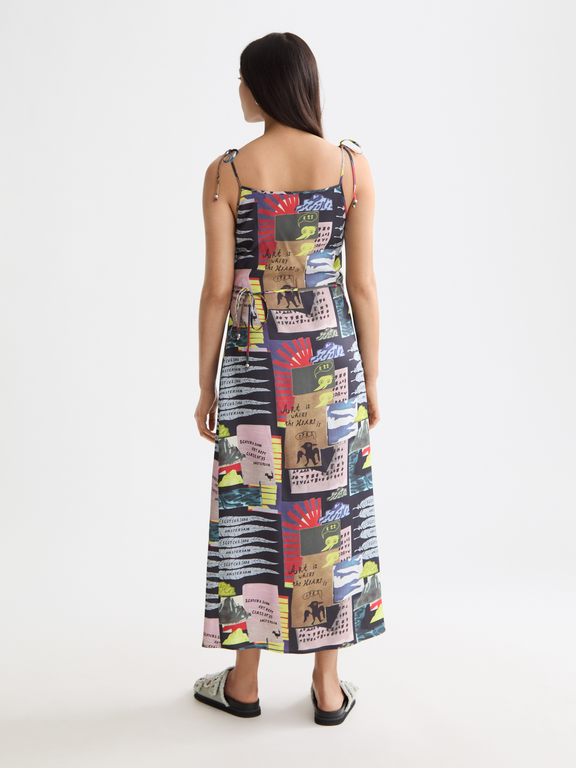 Midi slip dress with tied straps and draped waist