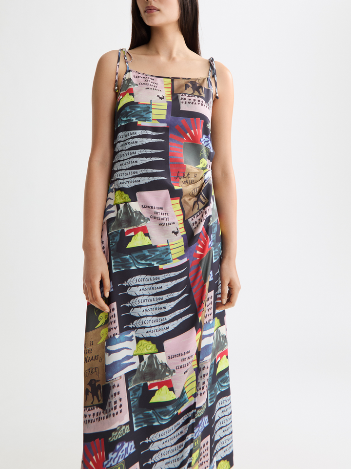 Midi slip dress with tied straps and draped waist