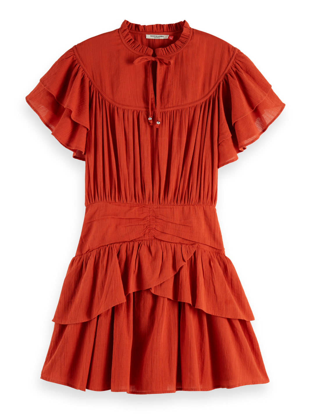Ruffled mini dress with gathered waist