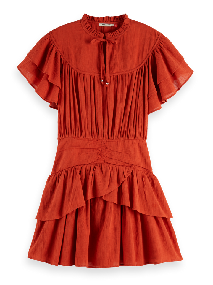Ruffled mini dress with gathered waist