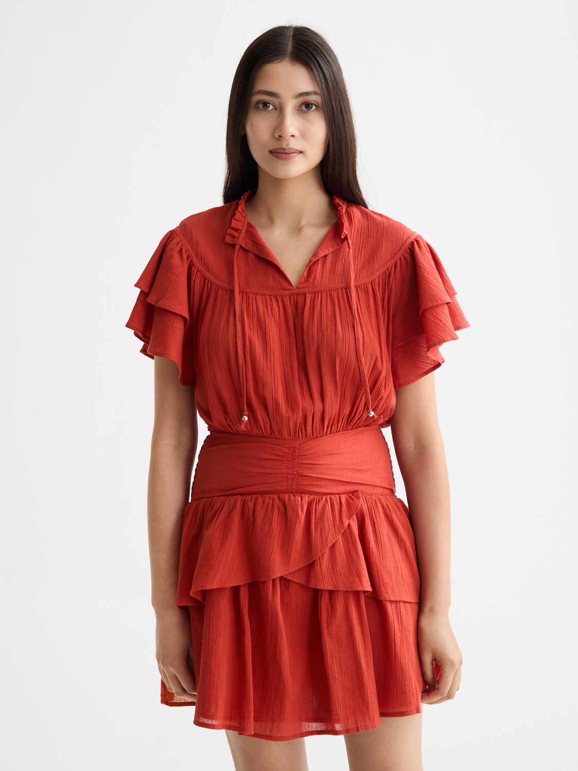 Ruffled mini dress with gathered waist