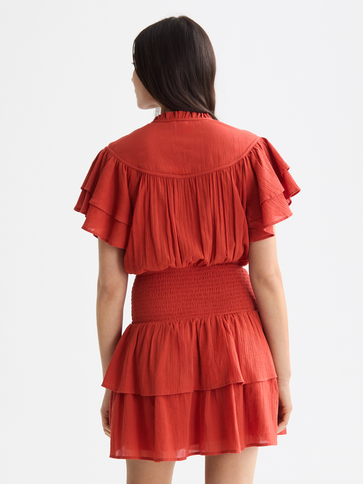 Ruffled mini dress with gathered waist
