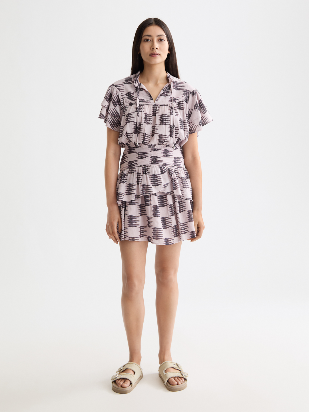 Ruffled mini dress with gathered waist
