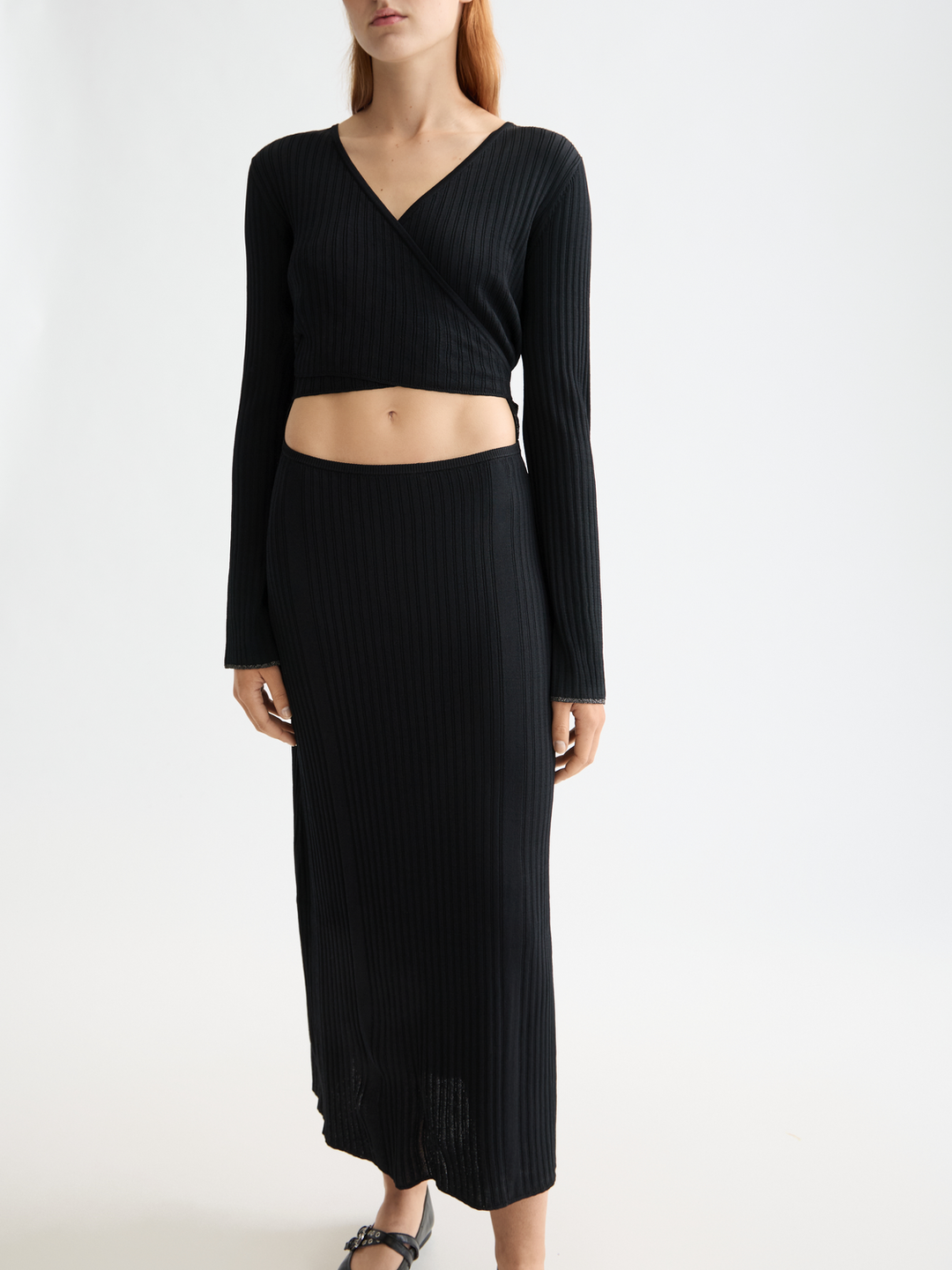 Skinny rib knitted wrap dress