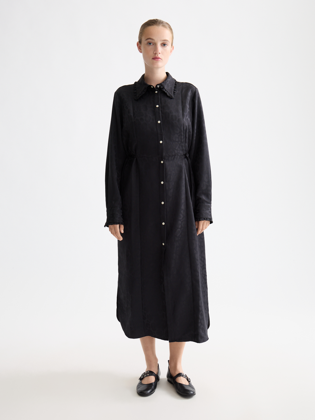 Midi shirt dress with tied waist and ruffles