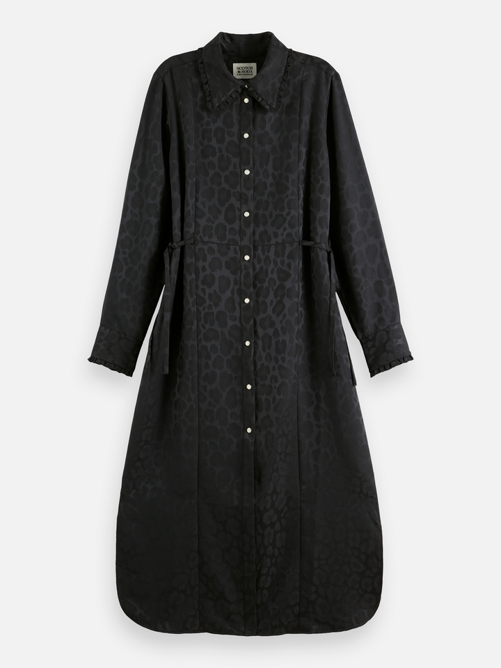 Midi shirt dress with tied waist and ruffles