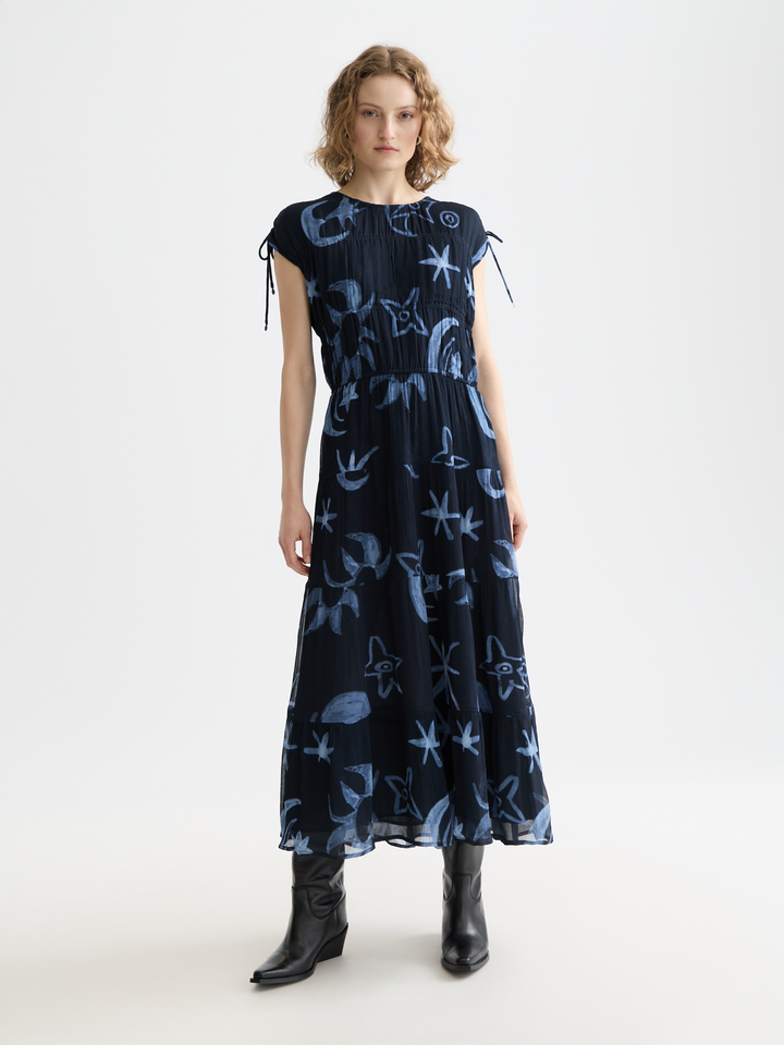 Gathered Midi Dress With Ties