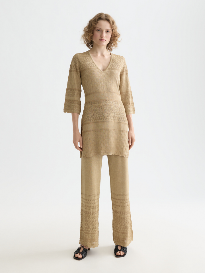 Metallic pointelle knitted trouser