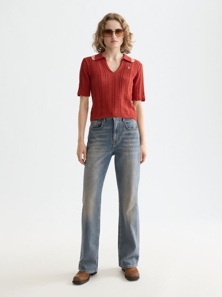 Pointelle collared knitted polo